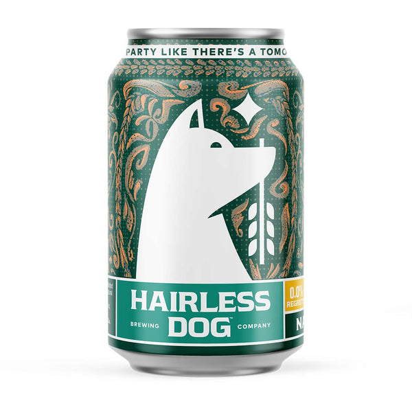 Photo of one can of Hairless Dog Brewing Non Alcoholic Black Ale
